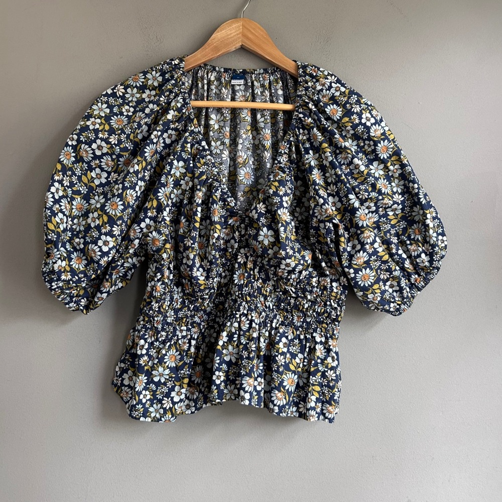 Old Navy Womens M Navy Daisy Floral Smocked Waist Puff Sleeve Cotton Blouse